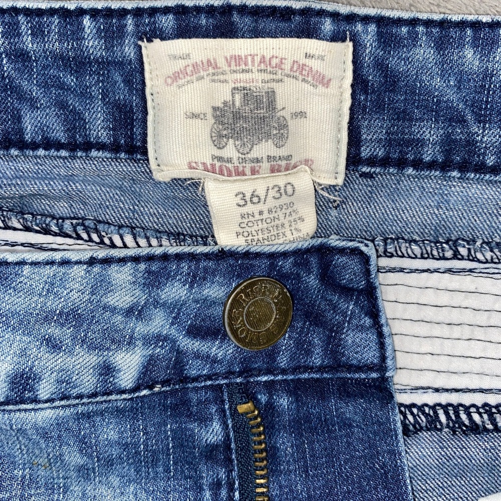 Smoke Rise Moto Jeans Mens 36 Blue Acid Wash Distressed Biker Cargo Slim Pants - Picture 4 of 11